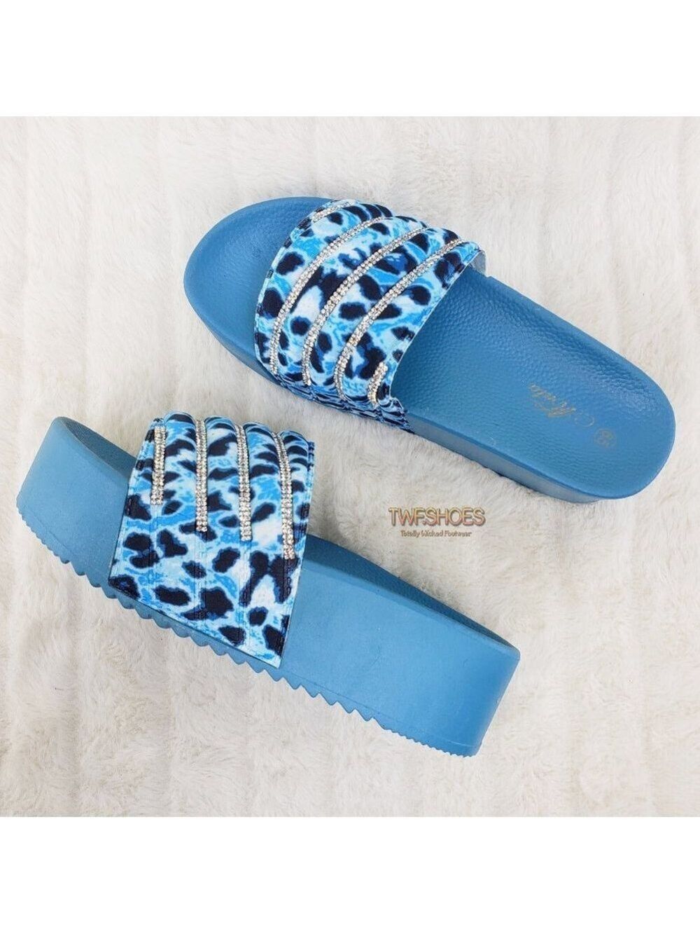 Beach Day Blue Leopard Slip on Platform Sandals Rhinestone Details